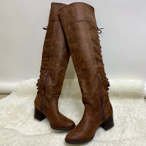 White Mountain Tall Over Knee Bonita Heeled Lace up High Boots Cognac Brown - Picture 2 of 15